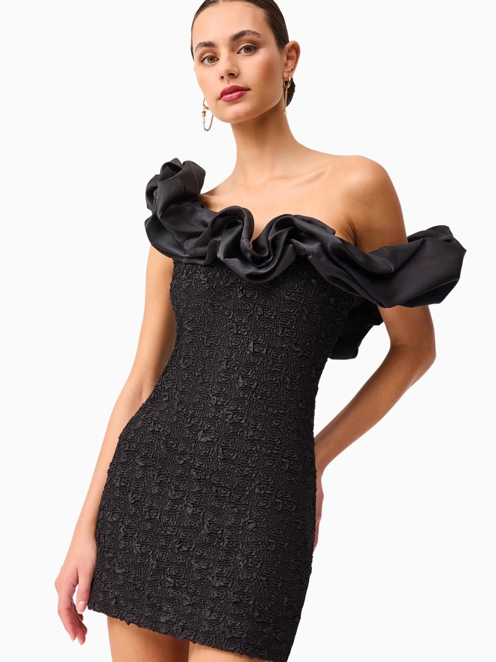 Elliatt Paloma Black One-Shoulder Ruffle Mini Dress • msrp $258